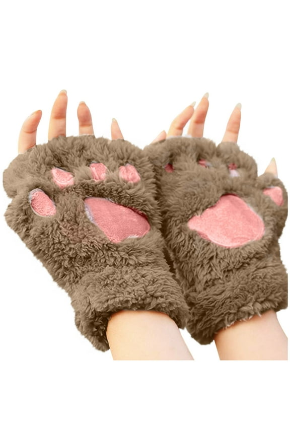 Winter Gloves Women Cat'S Claw Gloves Plush Half-Finger Bear'S Paw Fingerless Gloves Cute Thick Halter Gloves Cartoon Warm Gloves Baseball Glove