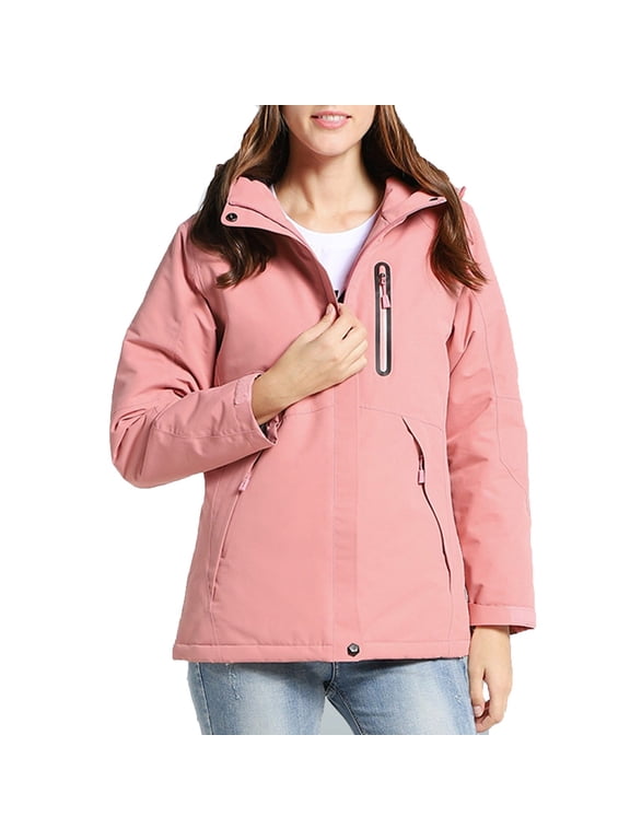 Women 3 Area Heating Jackets Soild Color With Detachable Hat Velvet USB Charging Heating Jackets Windproof And Hiking Coat Pink S