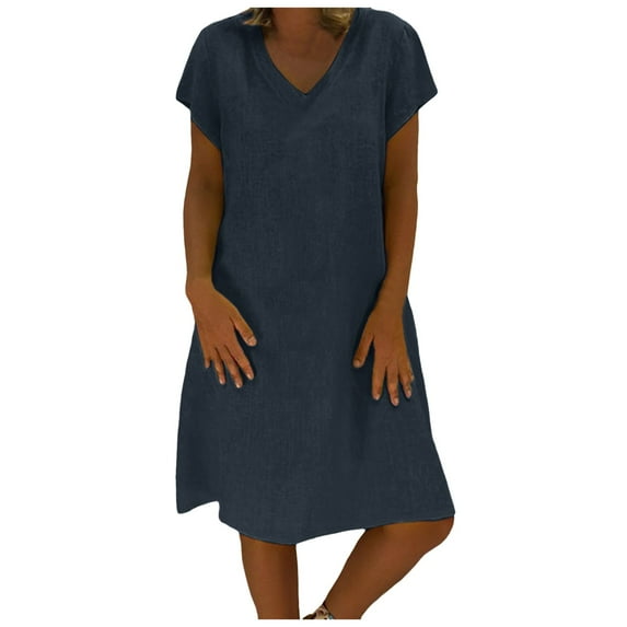 ASFGIMUJ Women Fashion Solid Casual Loose And Cool V Neck Short Sleeve Long Dress