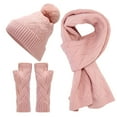 thumbnail image 1 of ASFGIMUJ Women&Men Autumn Winter Warm Wool Hat Scarf Gloves Slouchy Three Pieces Winter Snow Knit Cap Screen Mittens Scarves Sets Pink One Size, 1 of 6