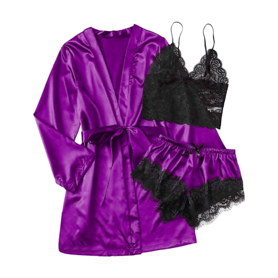 ASFGIMUJ Women' Silk Satin Pajamas Set 3Pcs Lingerie Floral Lace Sleepwear With Robe,Size L