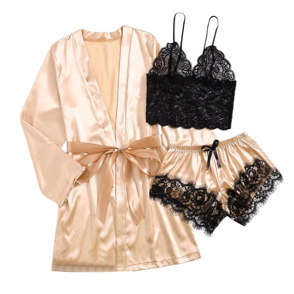 ASFGIMUJ Women' Silk Satin Pajamas Set 3Pcs Lingerie Floral Lace Sleepwear With Robe,Size XL