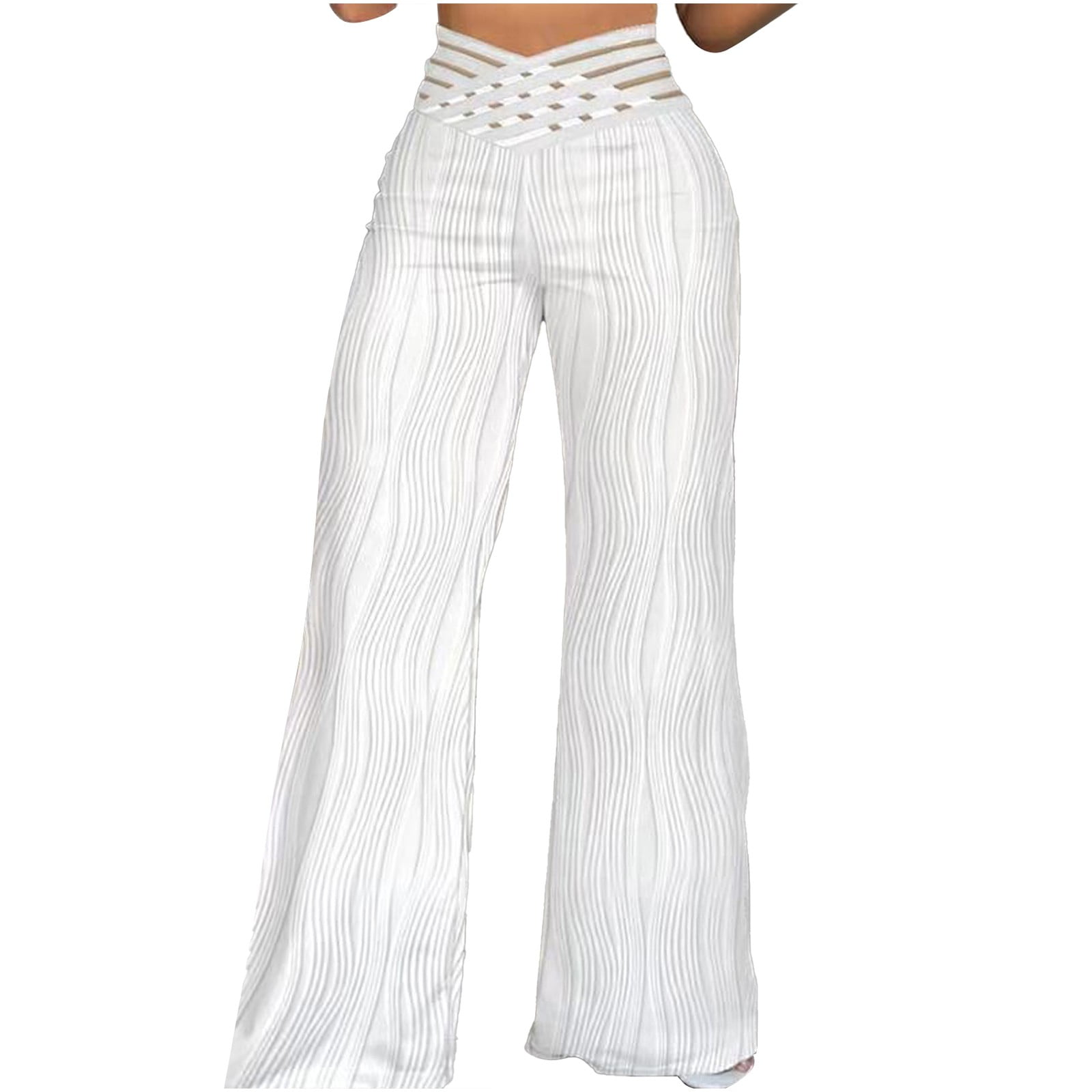 ASFGIMUJ Women Solid Casual Hollow Mesh High Waisted Wide Leg Pants ...