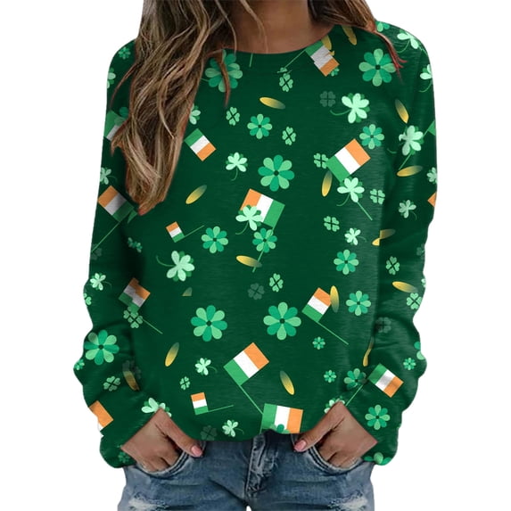 ASFGIMUJ Women St Pa Day T Shirts Crewneck Green Sweatshirt Raglan Sleeve Shirt Pullover Tops Loose Suitable Dressy Tops,Size S