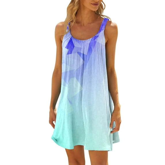 ASFGIMUJ Women Summer Casual Fashion Beach Vacation Round Neck Sleeveless Colorful Geometric Print Dress Mint Green S