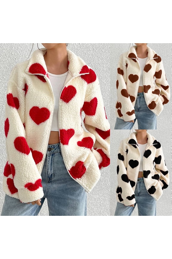 Women‘s Fuzzy Zip Up Hoodie with Heart Print Cozy Oversized Cardigan Jacket for Winter