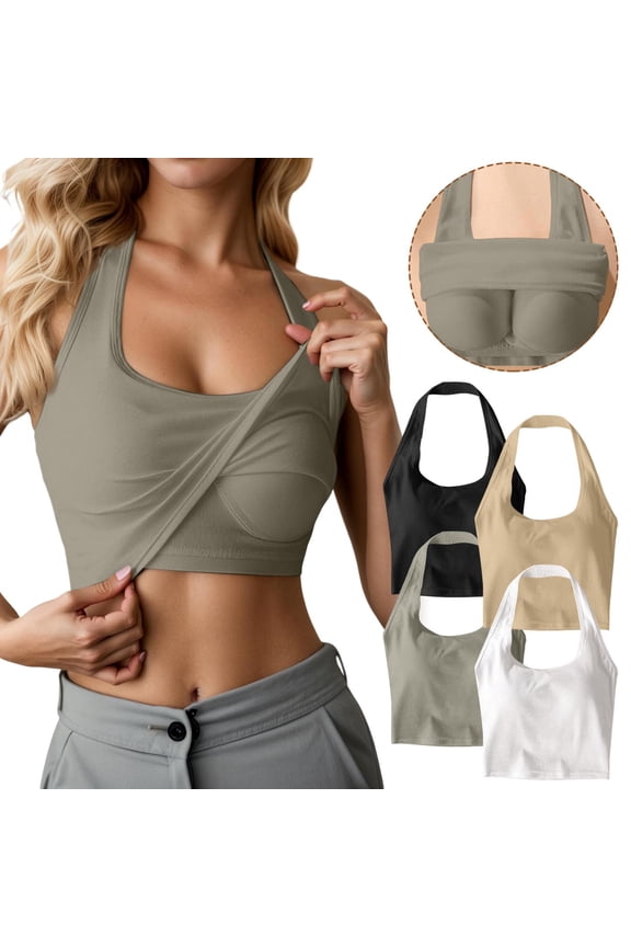 Women’s Halter Neck Padded Camisole Built-In Bra Tank Top Slim Fit Back Design Layering Vest Top
