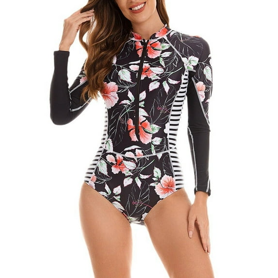 ASFGIMUJ Women's Long Sleeve Rash Guard Swimsuit Printed Zipper Surfing Swimsuit Bathing Suit