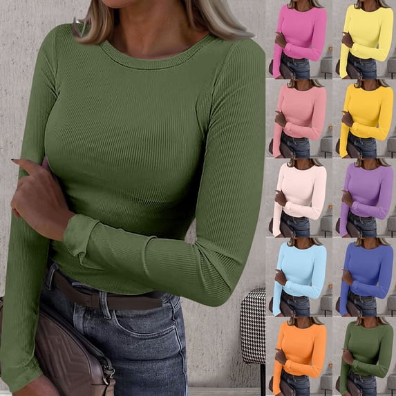 ASFGIMUJ Women’s Long Sleeve Ribbed T Shirt Solid Color Crew Neck Slim Fit Basic Top for Everyday Wear