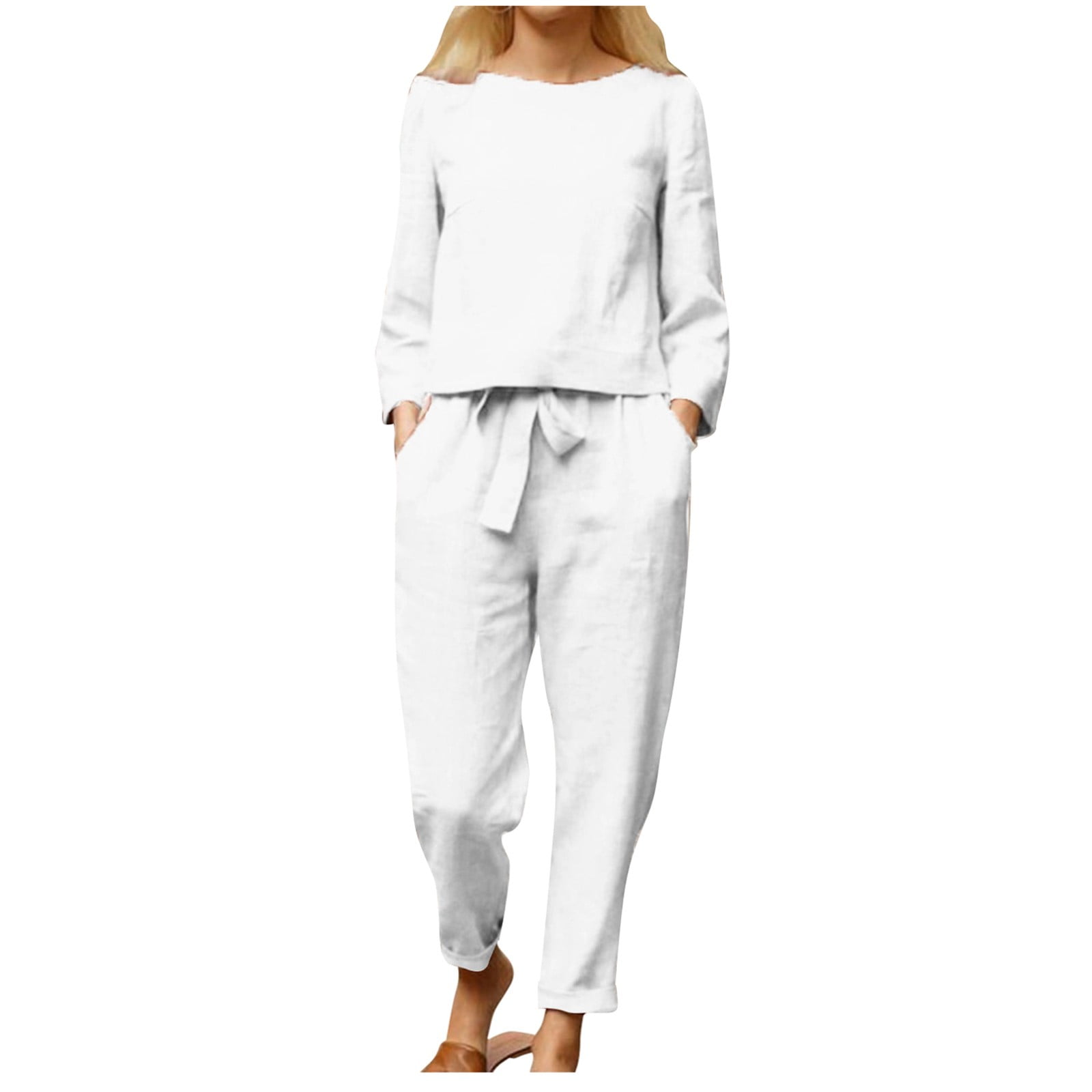 ASFGIMUJ Women's Loungewear Sets Cotton Linen Suit Comfortable Lace-Up ...