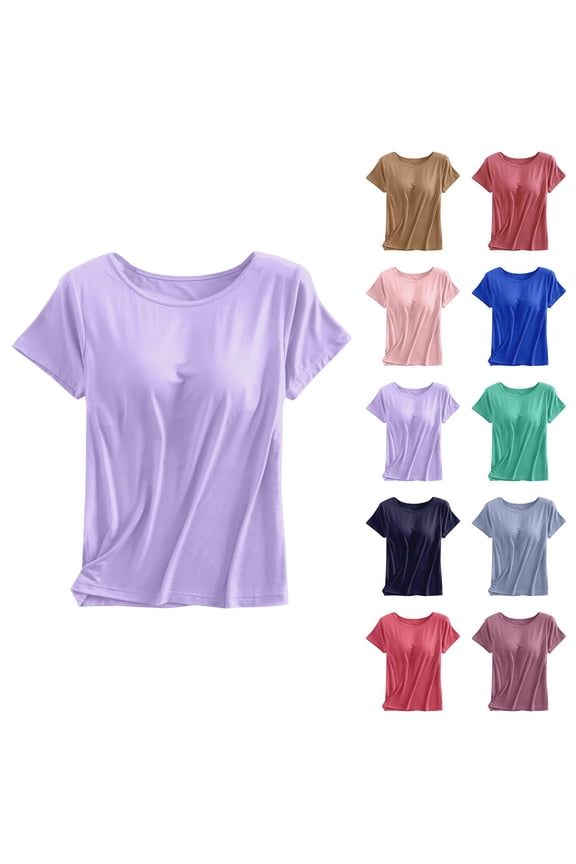 Women’s Modal Padded Short Sleeve T-Shirt Wire-Free Built-In Bra One-Piece Camisole