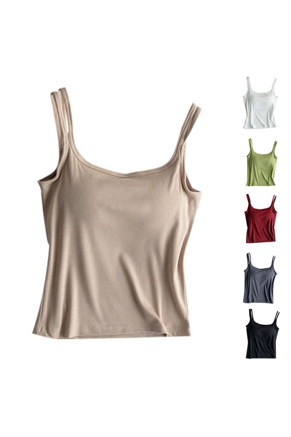 Women’s Padded One-Piece Ribbed Double Strap Tank Top Summer Layering Vest Built-In Bra