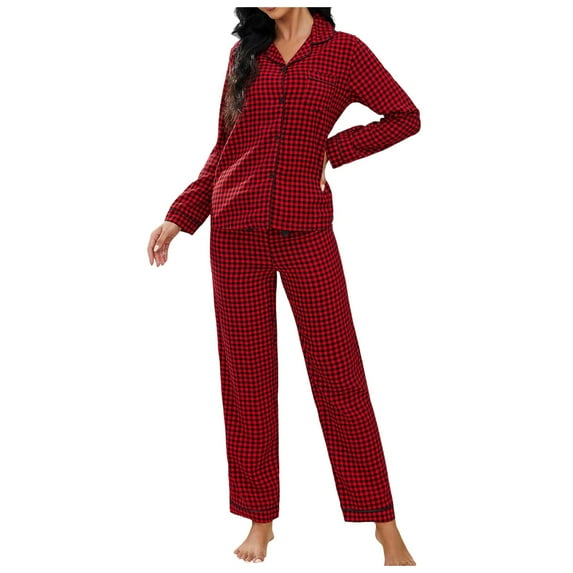 ASFGIMUJ Women's Plaid Pajama Sets Long Sleeve Button Down Sleepwear Nightwear Soft Sets