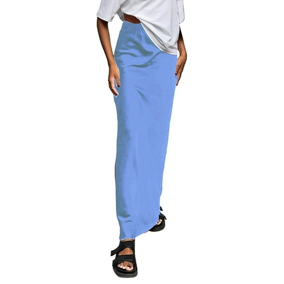 ASFGIMUJ Women's Skirts Tutu Solid Color Satin Ice Silk Midi Skirt Casual Commute Long Pencil Skirt Bodycon Skirt Blue S