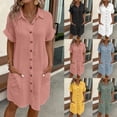 thumbnail image 1 of ASFGIMUJ Women’s Solid Color Button Front Shirt Dress Loose Fit Short Sleeve Casual Midi Dress, 1 of 6