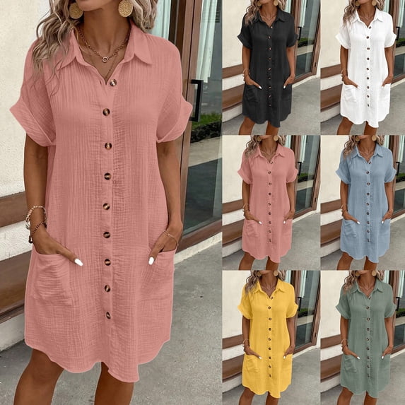 ASFGIMUJ Women’s Solid Color Button Front Shirt Dress Loose Fit Short Sleeve Casual Midi Dress
