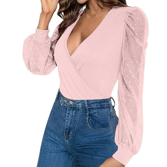 ASFGIMUJ Women's Top Deep V Neck Wrapped Sexy Top Polka Dot Mesh Long Sleeved T Shirt