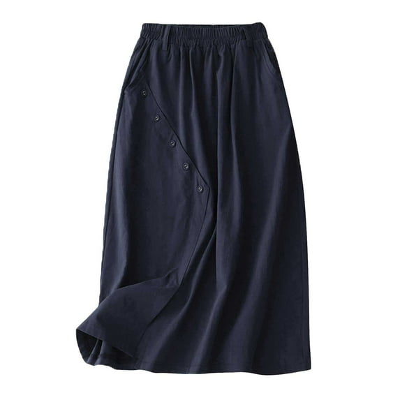 ASFGIMUJ Womens Button Up High Waisted Slit MIDI Elasticated Waist A Line Skirt Skirt Blue L