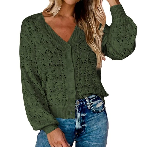ASFGIMUJ Womens Cardigan Sweaters Open In Front Short Cardigan Sweater Long Sleeved Crochet Knit Shrugged Cardigan V Neck Button Green M