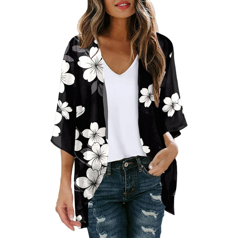 ASFGIMUJ Womens Cardigan Sweaters Plus Size Floral Print Puff Sleeve Kimono Cardigan Loose Cover Up Casual Blouse Tops White M Walmart