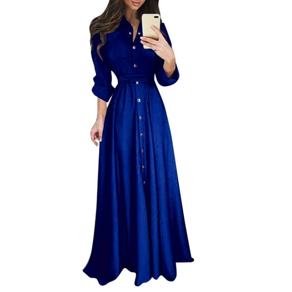 ASFGIMUJ Womens Lady Casual Fashion Long Sleeve Lapel Maxi Long Dress Solid Shirt Dress Blue XXL
