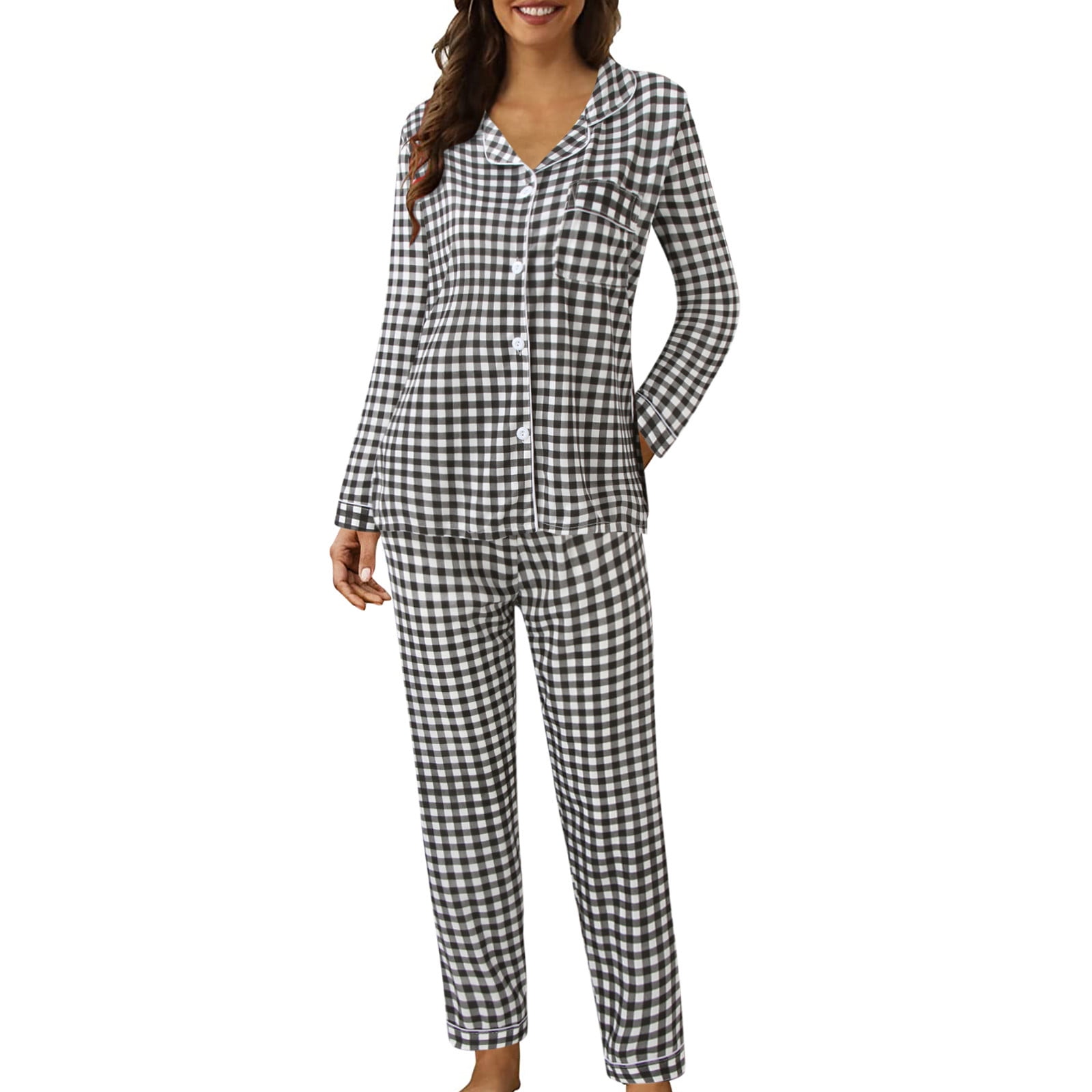 Anjue Women's Pajama Set - Short Sleeve Top & Shorts Sleepwear, Soft Bamboo Viscose (Plaid White) - View #5