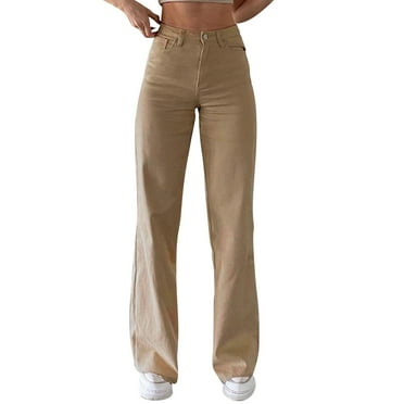 ASFGIMUJ Womens Pants Elastic Waist Solid Color Jeans Sagging Loose Slim Waist Straight Pants Casual Jeans Khaki L