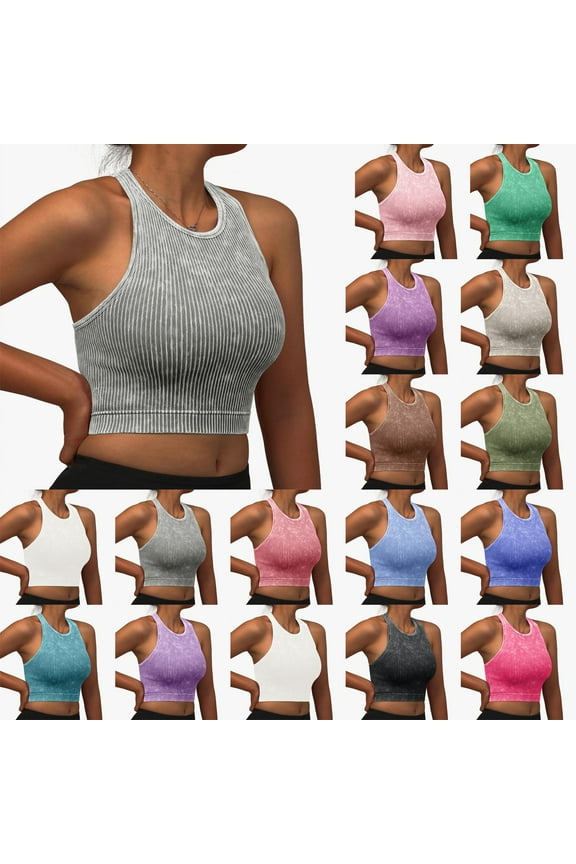 Womens Seamless Ribbed Longline High Neck Sports Bra - Racerback Padded Slim Fit Crop Tank Top With Built In Pads