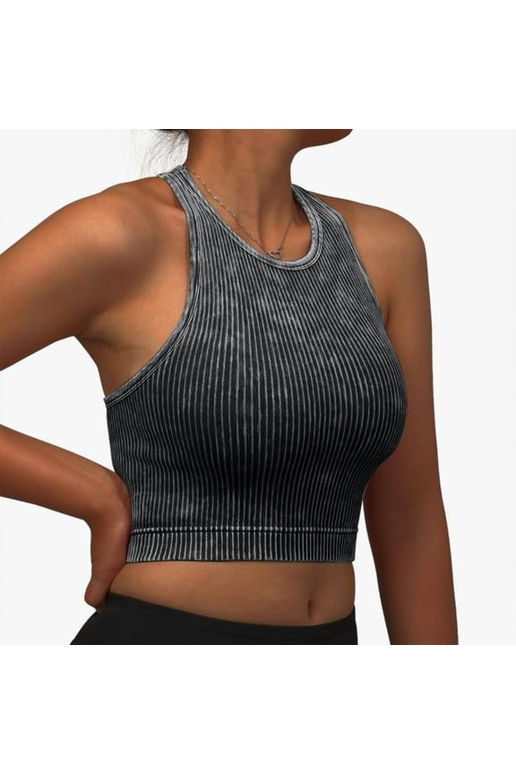Womens Seamless Ribbed Longline High Neck Sports Bra - Racerback Padded Slim Fit Crop Tank Top With Built In Pads