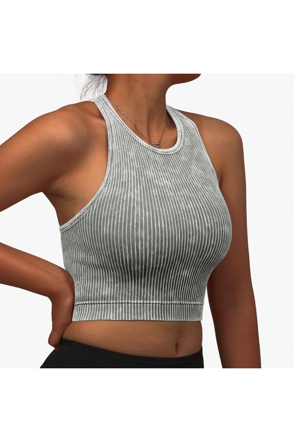 Womens Seamless Ribbed Longline High Neck Sports Bra - Racerback Padded Slim Fit Crop Tank Top With Built In Pads