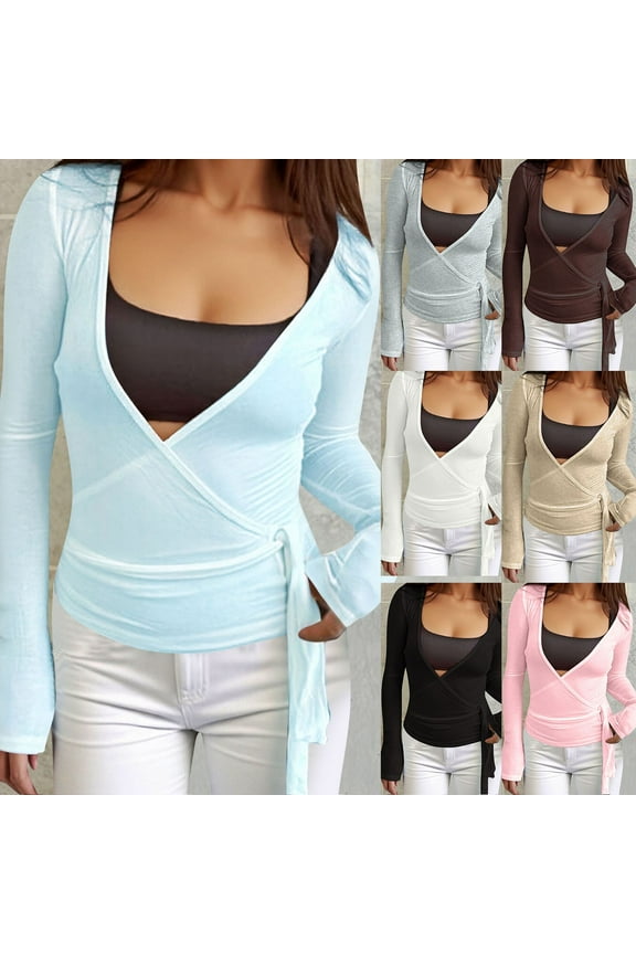 Womens Wrap Tie Top Y2k Long Sleeve Deep V Neck Cross Tie Ballet Workout Yoga Coquette Top