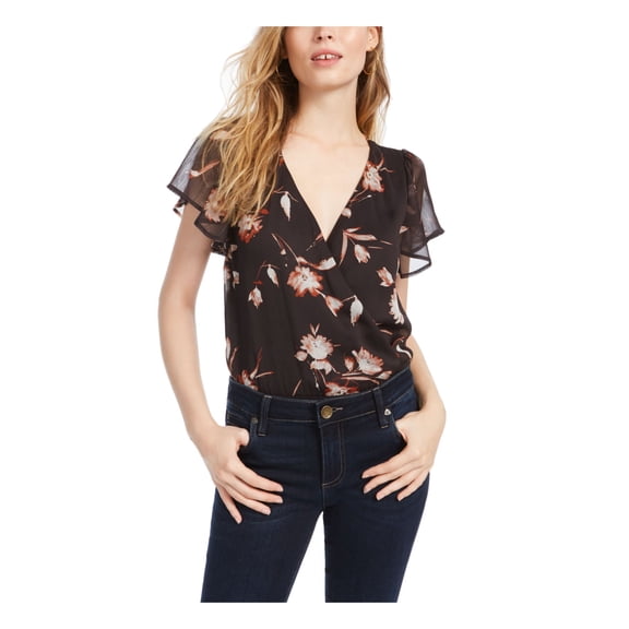 ASH & VIOLET Womens Black Snap Closure Floral V Neck Body Suit Top L