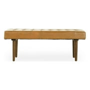 ASHCROFT Benji 47" Mid-Century Genuine Leather Bench, Modern Rectangular Tufted Upholstered Bench for Kitchen Living Room Bedroom Entryway, End of Bed Bench with Teak Wood Leg, Cognac Tan