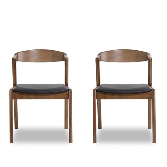 ASHCROFT Mid Century Roxy PU Black Leather Wood Dining Chair, Modern Upholstered Leather Chairs for Kitchen Dining Room (Set of 2)