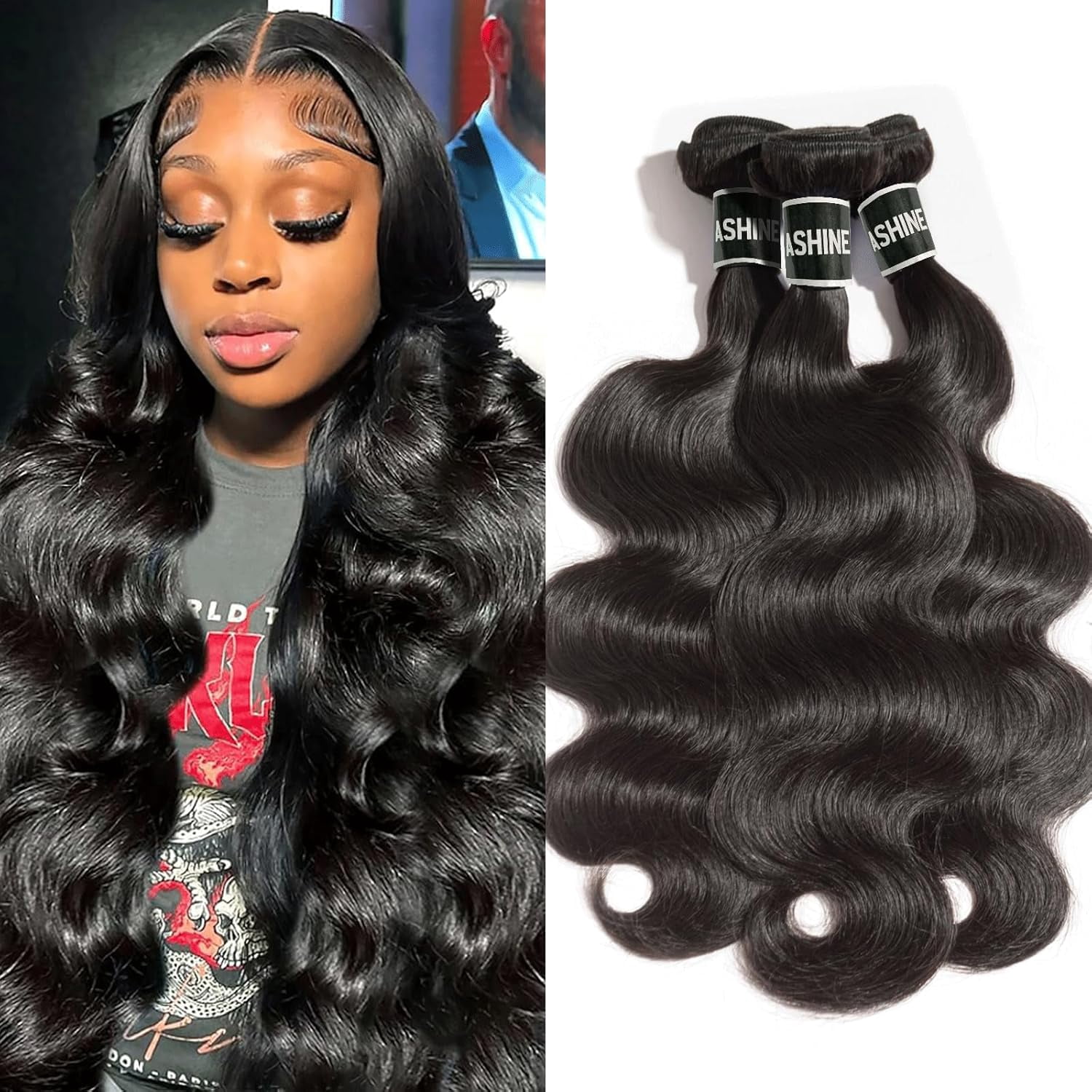 ASHINE 16 18 20 inch Raw Human Hair Bundles Body Wave Unprocessed for Women Natural Black 3 pcs Bundles
