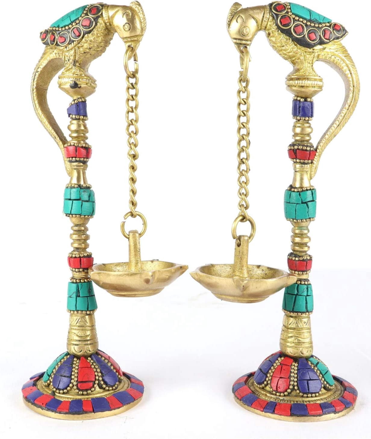 ASHIRWAD Brass 7.5 Inches Samaideep, Oil Lamp, Diya Hanging from Beak of Parrot, Kuthu Vilakku, Home Decor, Smai Deep (Stone Finish)