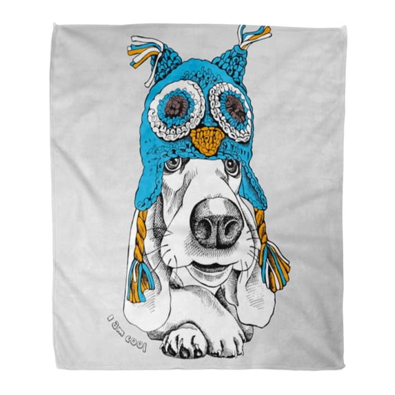 ASHLEIGH 50x60 inch Super Soft Throw Blanket Red Accessory Portrait of Dog Basset Hound in Blue Owl Hat with Ear Flaps on Gray Home Decorative Flannel Velvet Plush Blanket