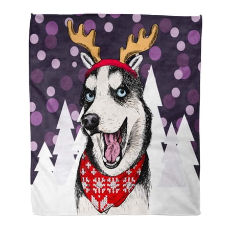 ASHLEIGH 58x80 inch Super Soft Throw Blanket Siberian Husky Dog Wearing Reindeer Antlers Tiara and Bandana Snowy Trees Home Decorative Flannel Velvet Plush Blanket