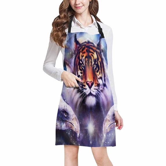 ASHLEIGH Abstract Eagles and Tiger with Woman Eyes in Space With Stars Adjustable Bib Apron with Pockets Commercial Restaurant and Home Kitchen Apron for Women Men