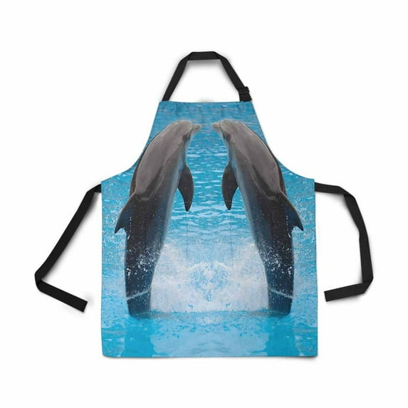 ASHLEIGH Adjustable Bib Apron for Women Men Girls Chef with Pockets Dolphin Twins Jumping in Water Ocean Blue Sea Novelty Kitchen Apron for Cooking Baking Gardening Pet Grooming Cleaning