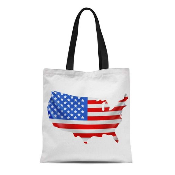 ASHLEIGH Canvas Bag Resuable Tote Grocery Shopping Bags Border Usa Flag in Form of Map United States America National Celebration Tote Bag