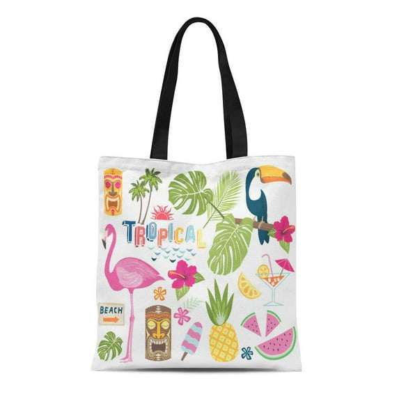 ASHLEIGH Canvas Bag Resuable Tote Grocery Shopping Bags Cute Summer Food Drinks Palm Leaves Fruits and Flamingo Bright Summertime Tote Bag