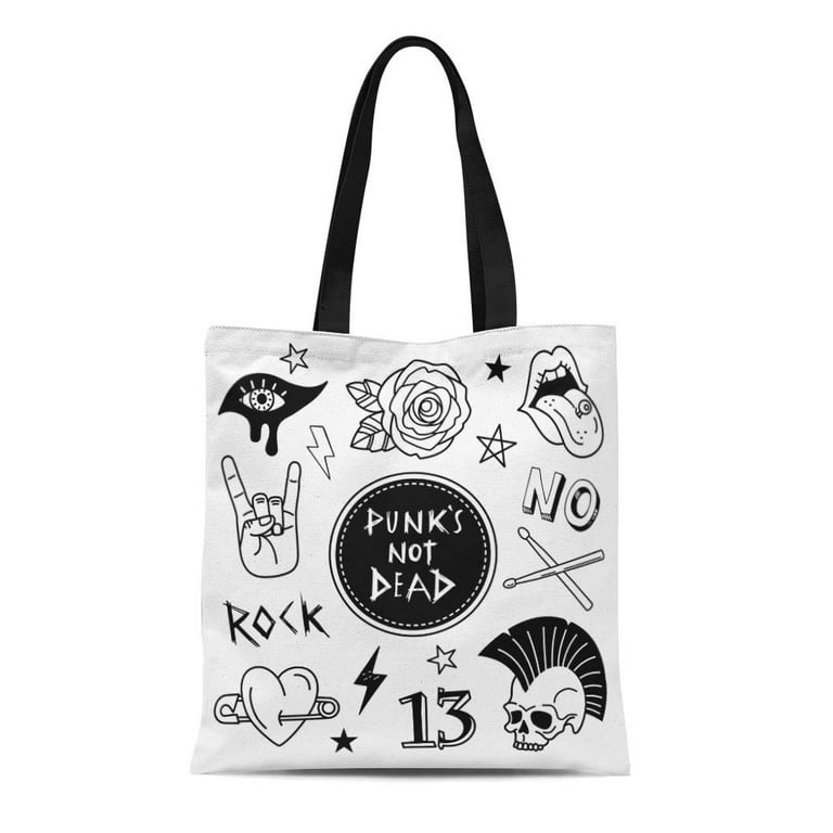 ASHLEIGH Canvas Bag Resuable Tote Grocery Shopping Bags Punk Patches  Collection of and Rock Music Badges and Symbols Such As Rose Skull Tote Bag  