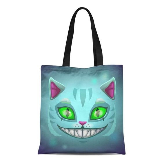 ASHLEIGH Canvas Tote Bag Blue Alice Fantasy Scary Smiling Cat Face Cheshire Green Reusable Shoulder Grocery Shopping Bags Handbag