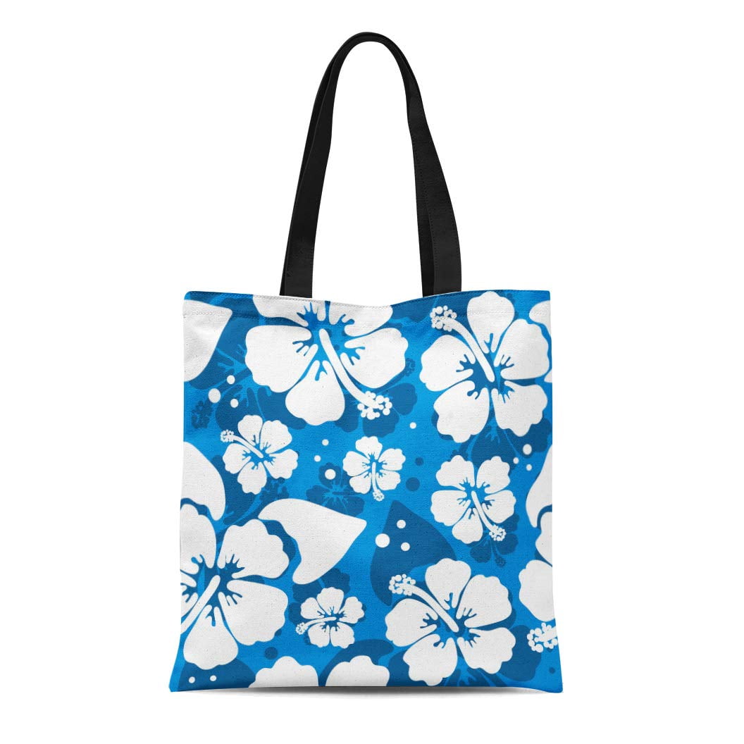 ASHLEIGH Canvas Tote Bag Blue Hawaii Hibiscus Flowers Hawaiian