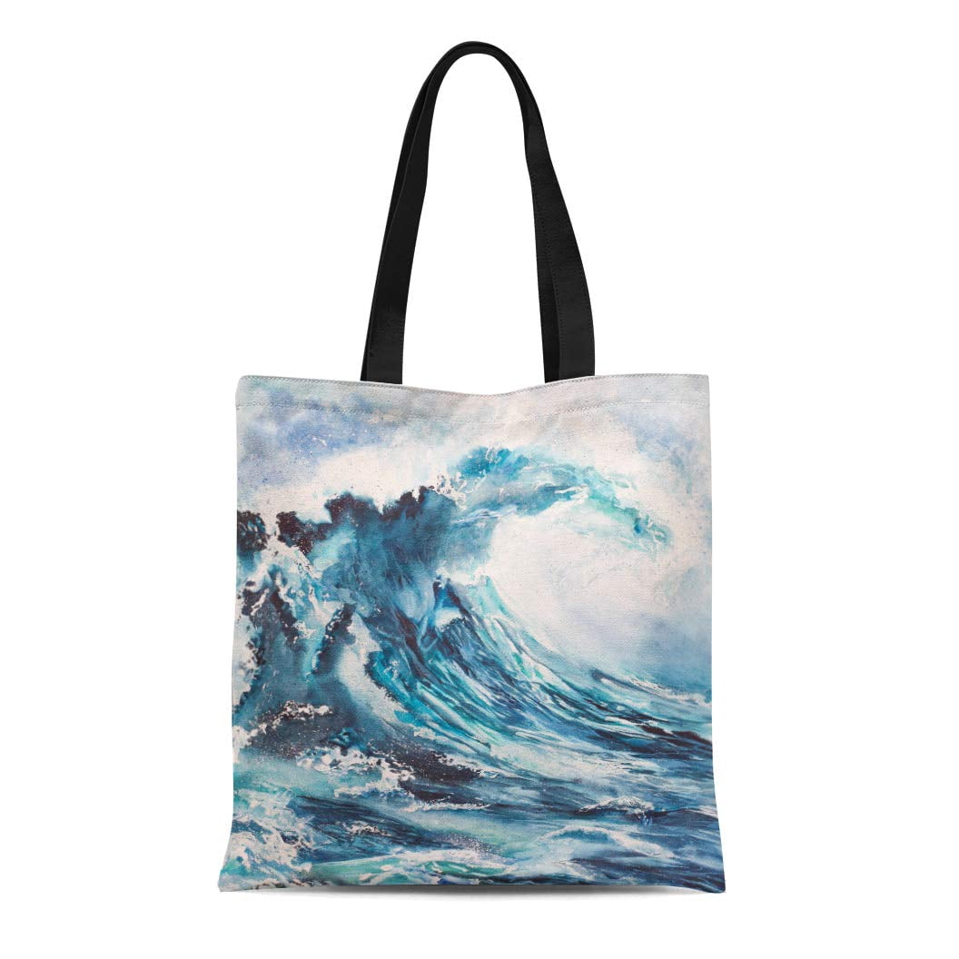ASHLEIGH Canvas Tote Bag Blue Storm Sea Wave Watercolor Painting