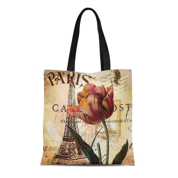 ASHLEIGH Canvas Tote Bag Brown Paris Eiffel Tower and France Flower Collage Vintage Reusable Handbag Shoulder Grocery Shopping Bags