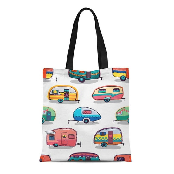 ASHLEIGH Canvas Tote Bag Caravan Mid Fifties Cartoonish Campers Pattern Van Vespa Activity Reusable Shoulder Grocery Shopping Bags Handbag