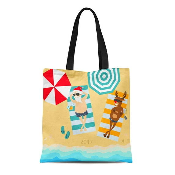 ASHLEIGH Canvas Tote Bag Christmas Holiday Santa Claus and Deer Rudolph Relax Beach Durable Reusable Shopping Shoulder Grocery Bag