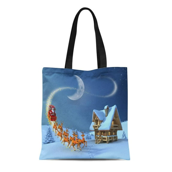 ASHLEIGH Canvas Tote Bag Christmas Night Scene Santa Claus Rides Reindeer Sleigh Reusable Shoulder Grocery Shopping Bags Handbag